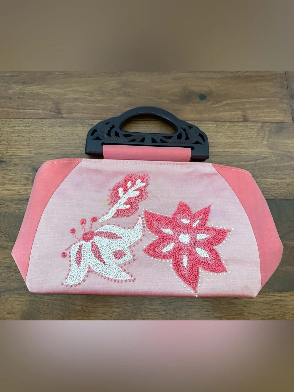 Vintage Pink Silk Handbag with Hand-Beaded Floral & Carved Handle